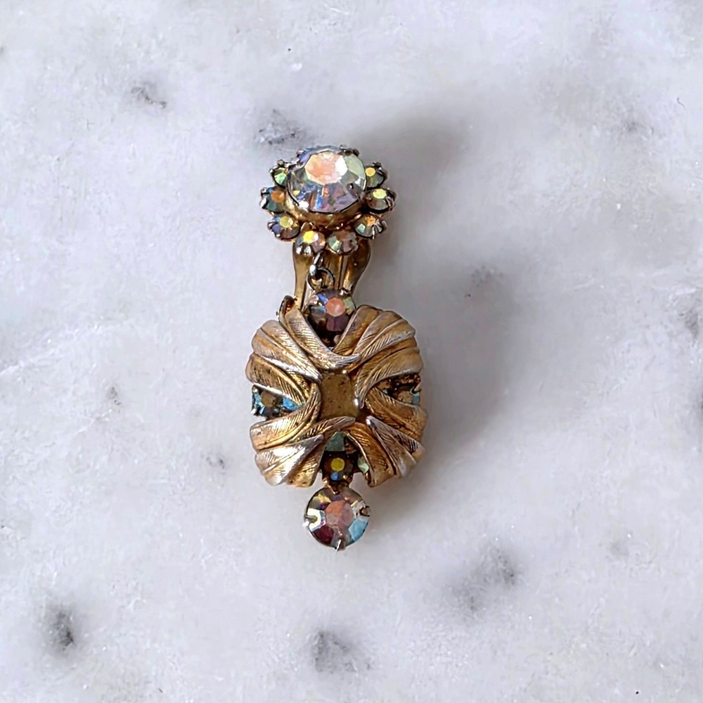 Juliana Vtg Venus Flame Blue Gold AB Rhinestone Clip On SINGLE Drop Earring READ